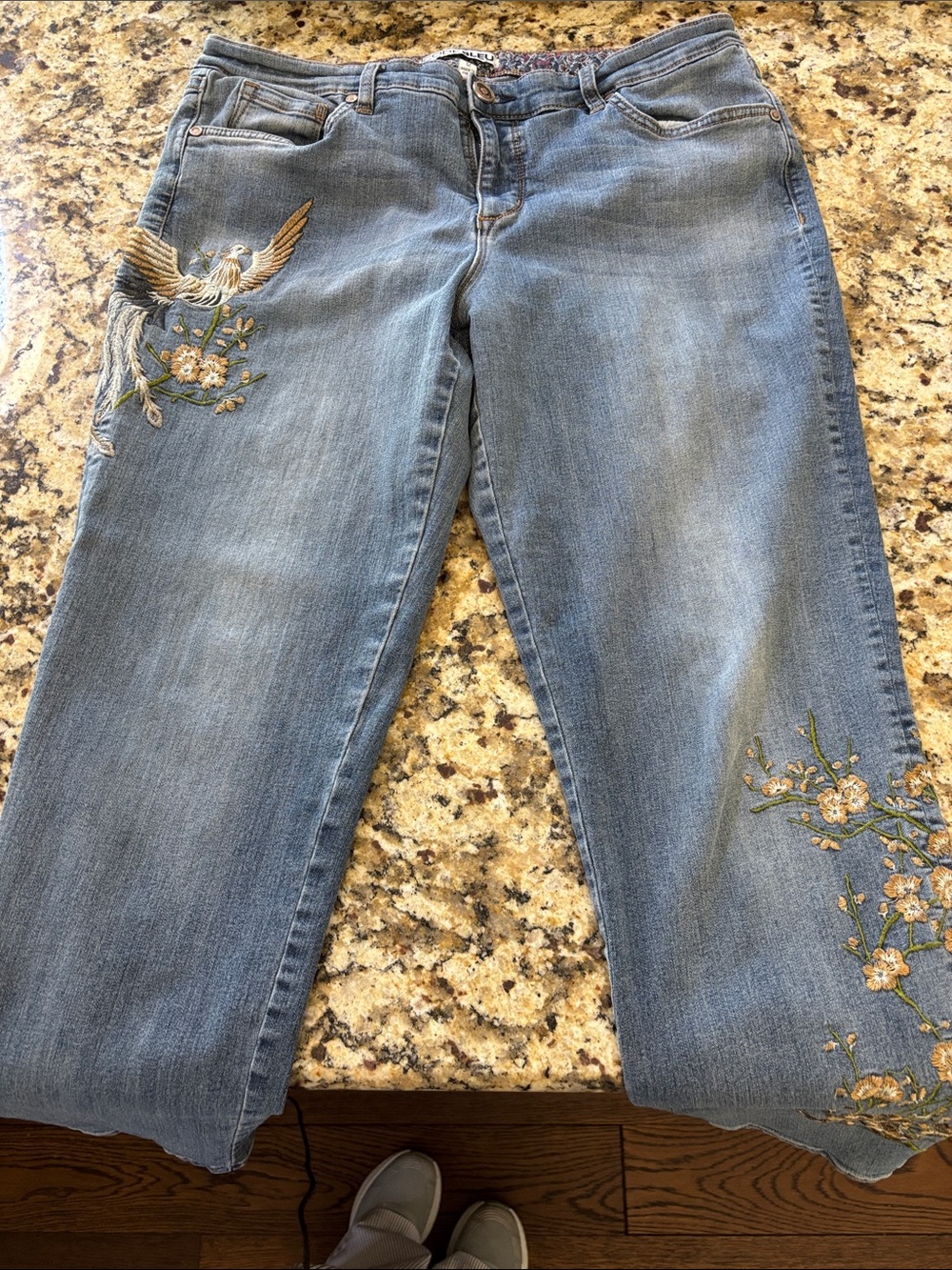 Code Bleu Light Blue Cropped Jeans with Embroidered Bird & Floral Accents